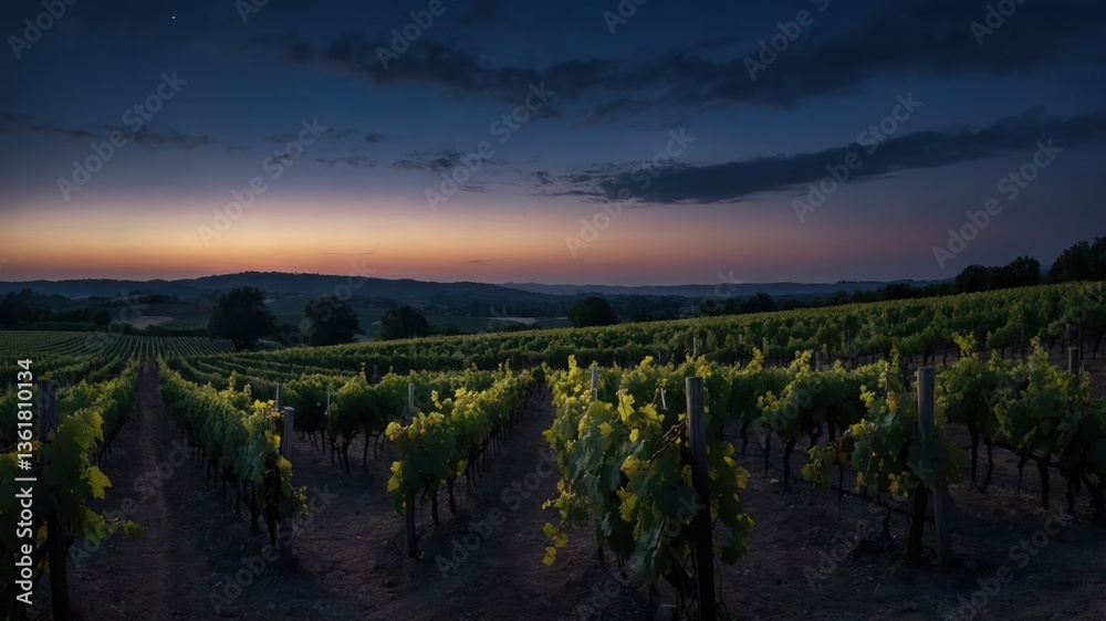 Fototapeta premium A serene vineyard at dusk, showcasing rows of grapevines under a colorful twilight sky.
