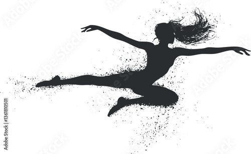Silhouette of a graceful dancer leaping in dynamic artistic motion for creative designs.