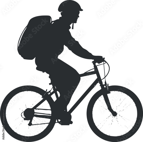 Silhouette of a cyclist with a backpack riding a bicycle for urban commuting.