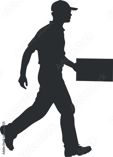 Silhouette of a delivery person walking with a parcel, ideal for logistics themes.