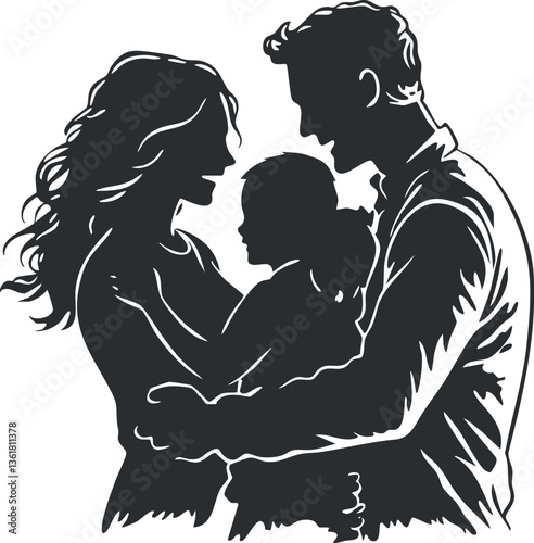 Silhouette of a loving family with parents and child for family-themed designs.