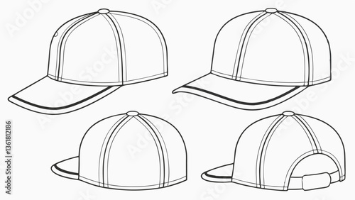 6-Panel Snapback Cap & Fitted Cap Vector Technical Drawing – Blank Streetwear Hat Mock-up Template for Design, CAD Tech Packs, Brim Baseball Cap Illustration