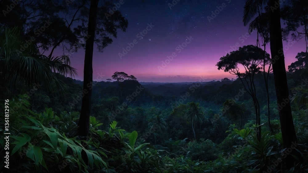 Obraz premium A serene jungle landscape at twilight, showcasing lush vegetation under a starry sky.