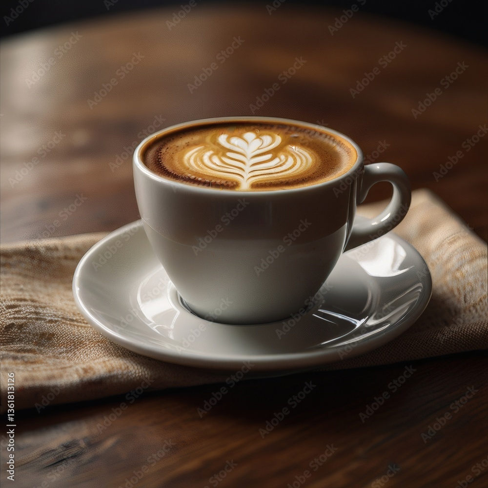 Close-up of a cup of coffee with latte art and a soft fabric napkin Close-up of a cup of coffee with latte art and a soft fabric napkin