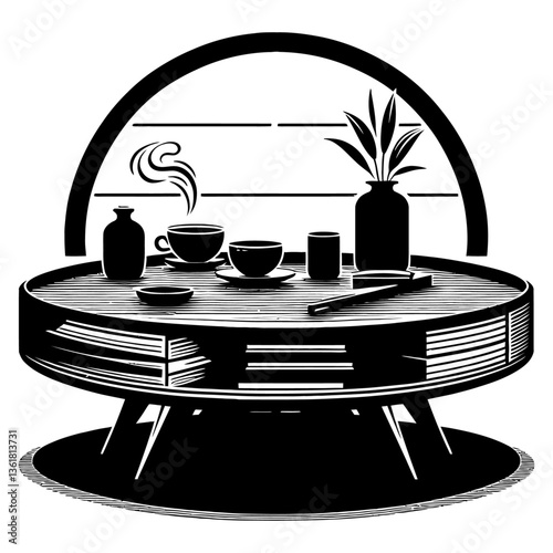 Vector illustration of a kitchen table set with plates, cups, bowls, and other crockery, featuring a variety of dinnerware items like a coffee cup and glass