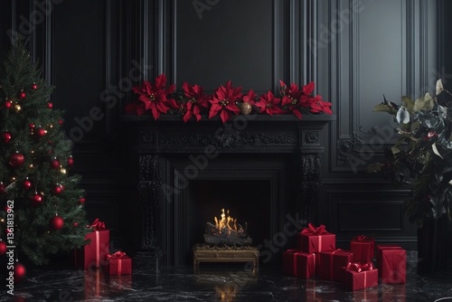 Elegant Christmas decorations with a beautiful tree, fireplace, and red gifts in a luxurious dark room
