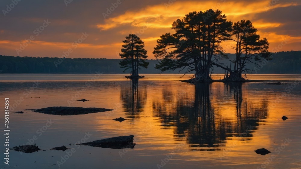 Fototapeta premium A tranquil lake scene at sunset with silhouetted trees reflecting in the water.