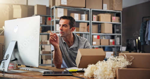 Принти на полотні Box, computer and supply chain with man in distribution center for inventory checklist or update