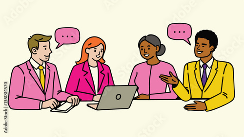 Business Discussion Concept. Vector cartoon full-length illustration in a flat style of various people talking to each other with bubbles over their heads. Isolated on background.