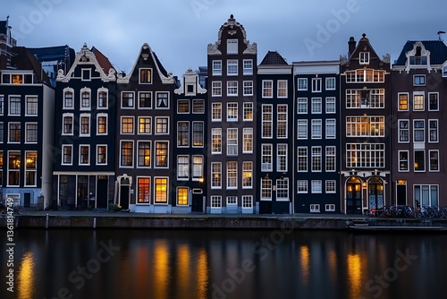 Dusk settles on Amsterdam canals, reflecting lights from traditional houses. Travel theme