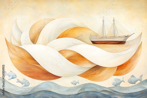Sailing Ship on Stylized Waves. photo