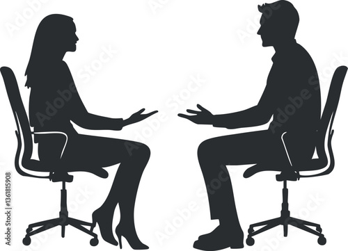 Silhouette of two people in office chairs having a business discussion.