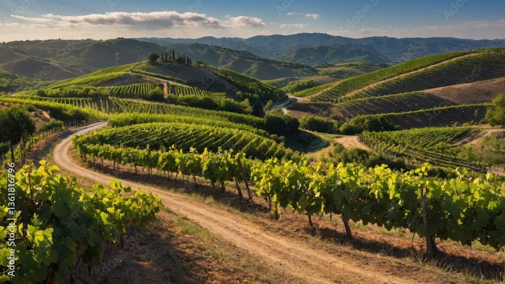 Fototapeta premium Scenic vineyard landscape with rolling hills and a winding dirt road under a clear sky.