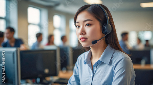 Call center staff are working to provide information to customers over the phone. Telecommunication services or technical support for customer care and consultation.