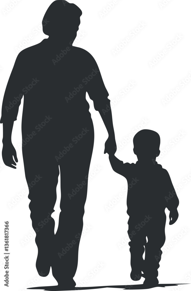 Silhouette of father and child walking hand in hand, perfect for family themes. Silhouette of father and child walking hand in hand, perfect for family themes.