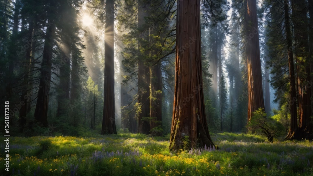 Obraz premium A serene forest scene with towering trees and soft sunlight filtering through, creating a tranquil atmosphere.