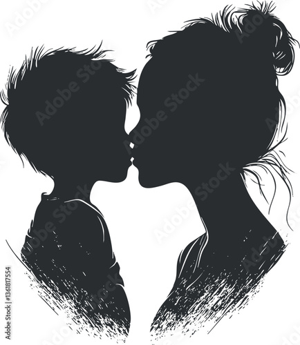 Silhouette of mother and child kissing, perfect for family-themed designs and illustrations.