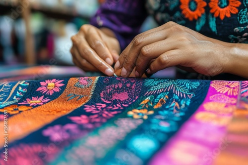 Artisan skill in intricate embroidery with vibrant thread on fabric in a bustling market