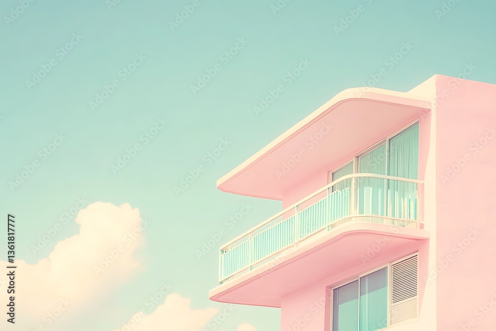 Pastel pink building with balconies under a sunny blue sky, travel background image Pastel pink building with balconies under a sunny blue sky, travel background image