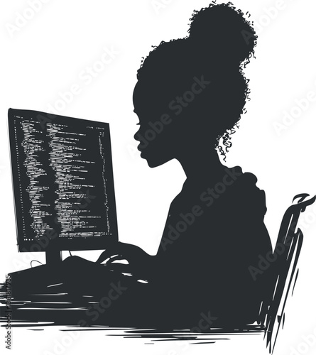 Silhouette of a female programmer coding on a computer for tech and office themes.