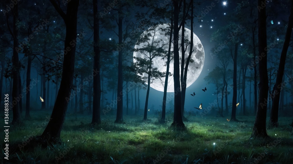 Fototapeta premium A serene night scene featuring a full moon illuminating a dark forest with glowing elements.