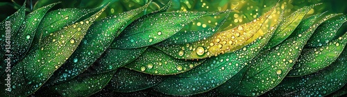 Vibrant green plant with water droplets glistening on its leaves in a fresh natural habitat