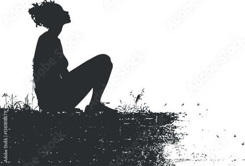 Silhouette of a woman sitting in nature, perfect for relaxation-themed designs.