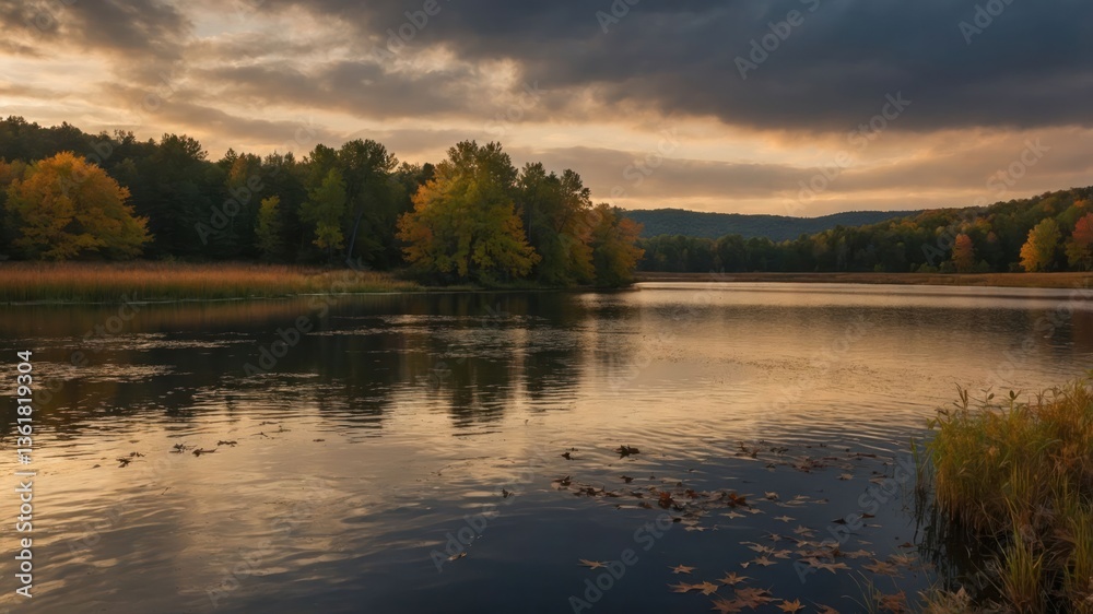 Fototapeta premium A serene lakeside view at sunset, featuring colorful trees and reflective water under a cloudy sky.