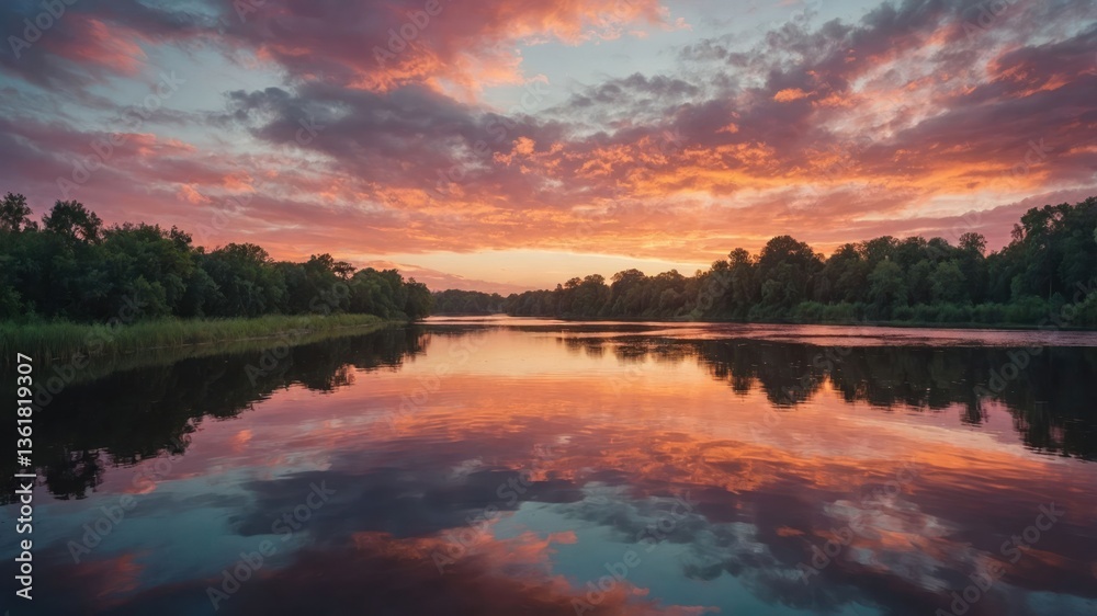 Obraz premium A serene sunset over a river, reflecting vibrant colors and surrounded by lush trees.