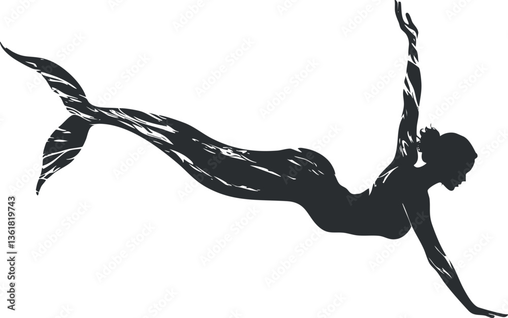 Fototapeta premium Black and white mermaid silhouette illustration for fantasy and ocean-themed designs.