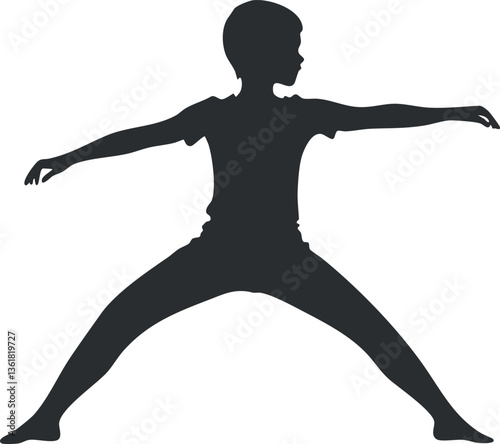 Silhouette of a person in a yoga warrior pose, ideal for fitness and wellness themes.