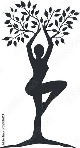 Silhouette of woman in tree yoga pose with leaves for wellness and nature themes.