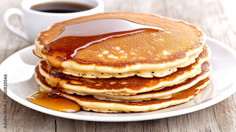 Stacked Pancakes Poured With Syrup Beside A White Coffee Cup Stacked Pancakes Poured With Syrup Beside A White Coffee Cup