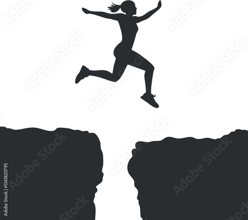 Silhouette of a person leaping over a gap between cliffs, symbolizing courage and risk.