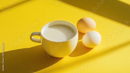 Wallpaper Mural Milk and eggs on yellow background. Still life. Food photography Torontodigital.ca