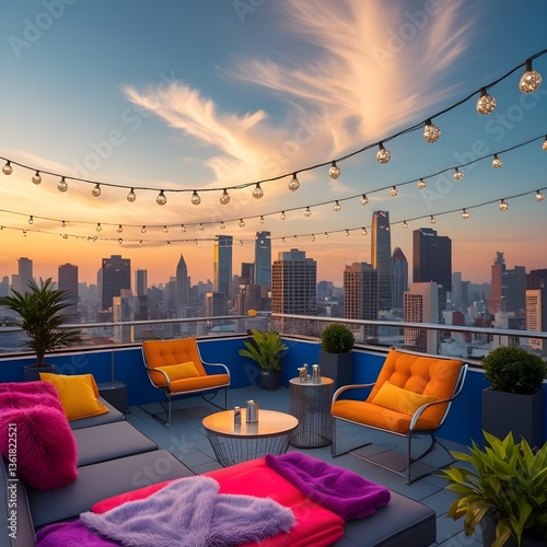 A vibrant city hostel rooftop lounge with stylish outdoor seating, including sleek metallic chairs and plush throws in a bold color palette, surrounded by decorative string lights that twinkle like di