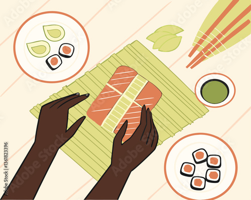 Hands rolls rice, salmon with makisu top view. Character makes sushi, cooks Asian meal, prepares eating on kitchen worktop. Person cooking traditional food of Japan, Asia.