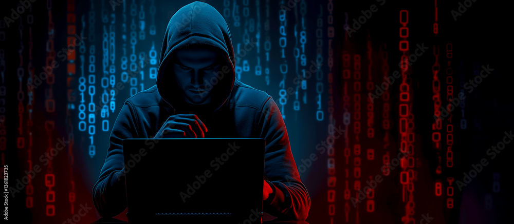 dark silhouette of man, hacker near black laptop darknet concept