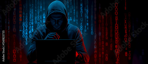 Obraz na płótnie
dark silhouette of man, hacker near black laptop darknet concept w salonie