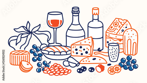 Italian food watercolor set, vector hand drawn eatery collection, wine bottle, appetizer glasses. Various cheese, kitchen menu design object, pizza cafe graphic, tomato, fruit. Italian food restaurant