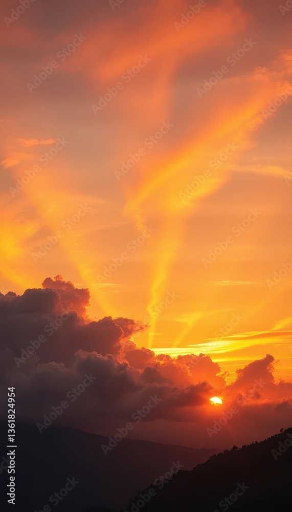 Vibrant sunset cloudscape, towering vertical composition, photography, illustration Vibrant sunset cloudscape, towering vertical composition, photography, illustration