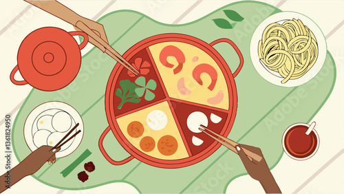 Overhead of people eating asian seafood hotpotOverhead of people eating asian seafood hotpot