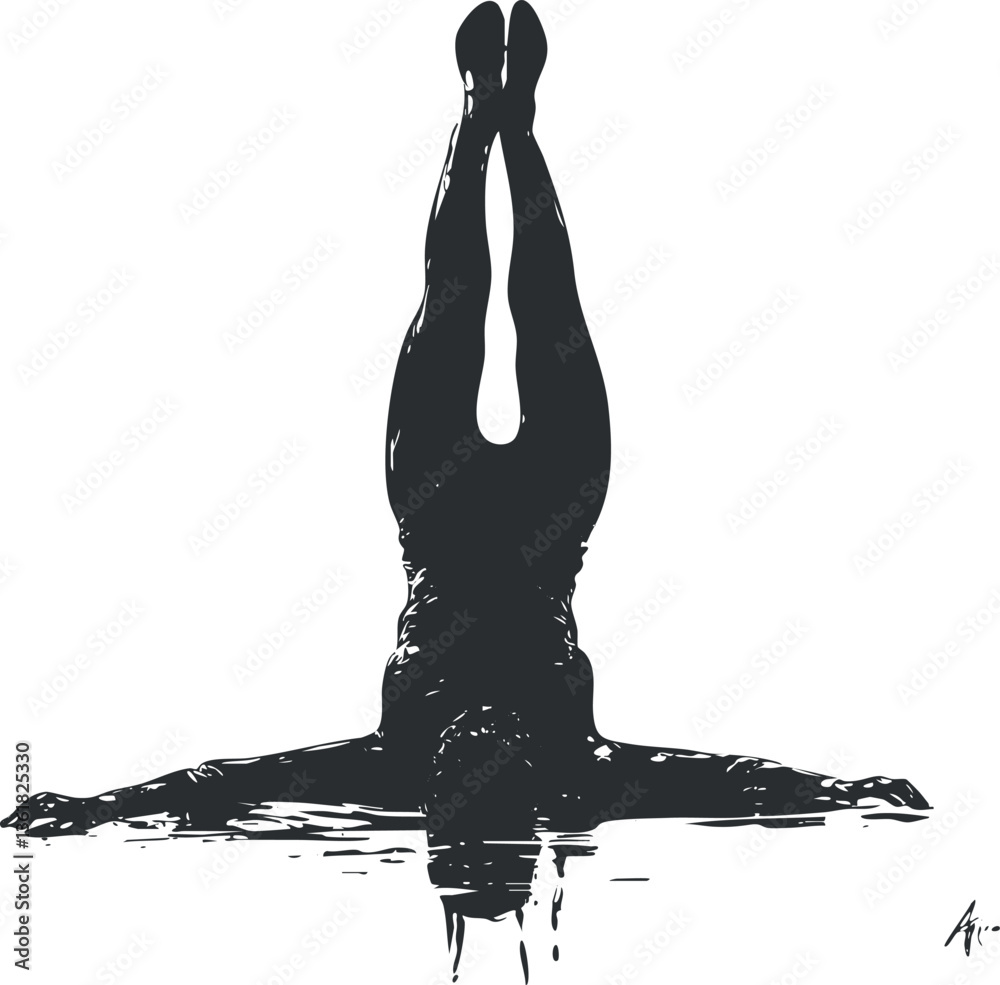 Fototapeta premium Silhouette of a woman diving with water reflection, ideal for minimalist art designs.