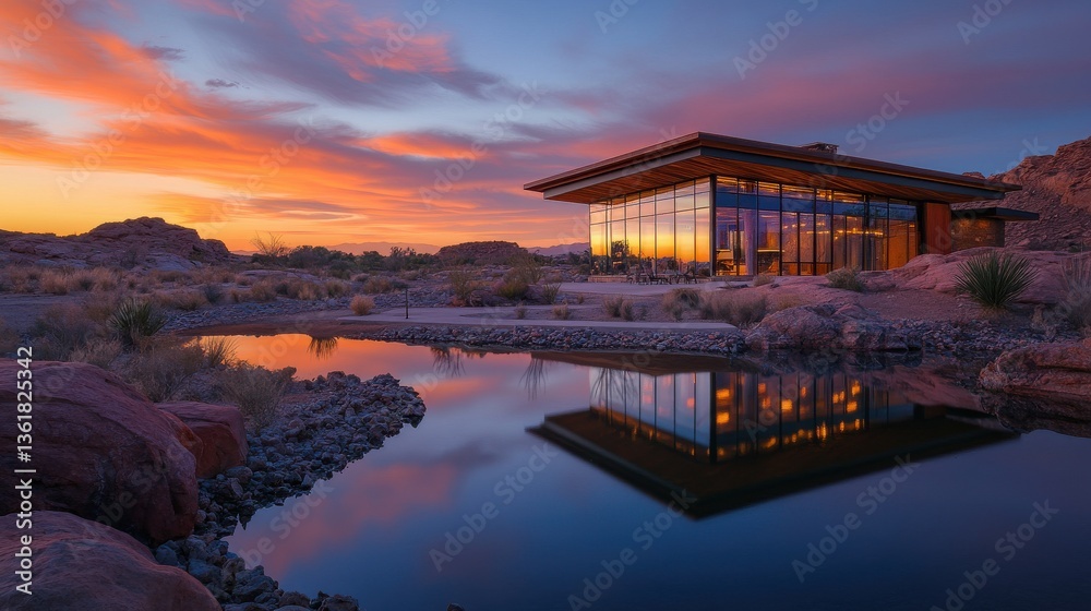 Fototapeta premium Modern house at sunset reflecting in a serene pond surrounded by rocks