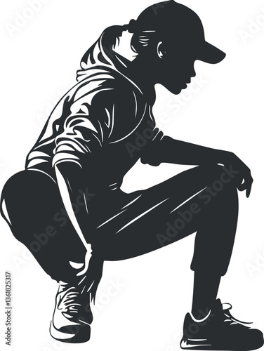 Silhouette of a woman squatting in casual streetwear, perfect for urban fashion themes.