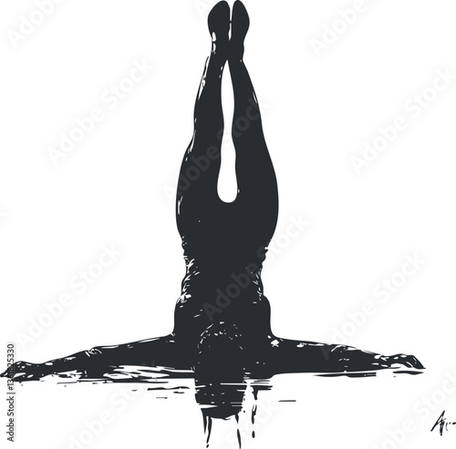 Silhouette of a woman diving with water reflection, ideal for minimalist art designs.