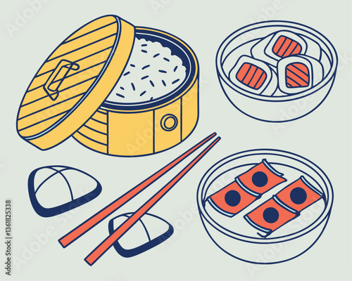 Rice meals. Bowl with rice, onigiri, rice chips, nigiri sushi, soy sauce, chopsticks, rice cooker. Tasty asian food concept. Hand drawn modern Vector illustration. Isolated design elements