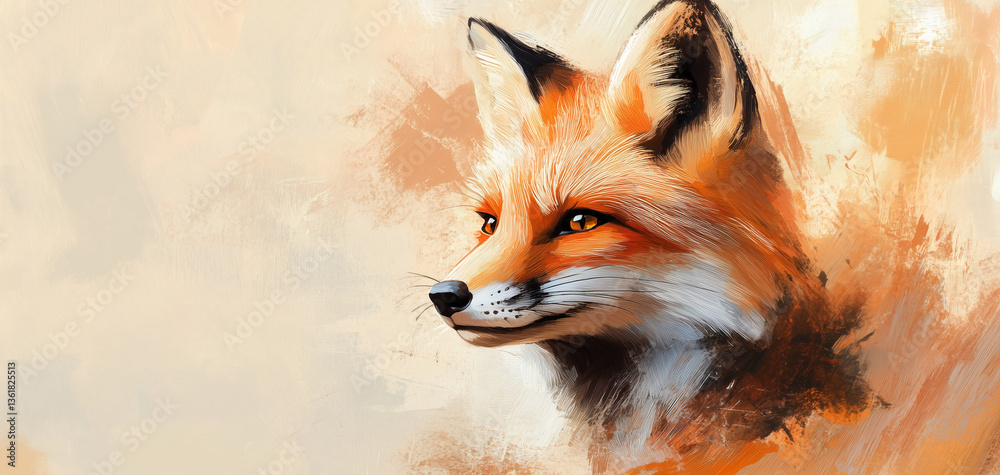 Obraz premium a painting of a fox with orange eyes and a brown background with a white spot on the left side of the image