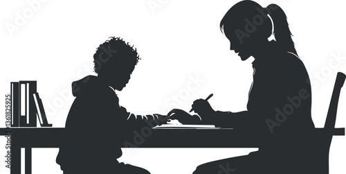 Silhouette of adult tutoring child at table, ideal for educational themes and materials.