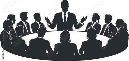 Silhouette of business professionals in a meeting around a conference table.